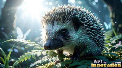 Facing forward, a spiky hedgehog rests on green fern leaves in bright sunlight
