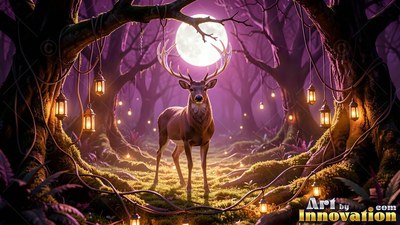 A deer stands under a full moon in a purple woods with lanterns hanging from trees