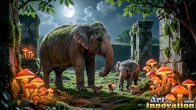 In moonlit stone ruins, two mossy elephants walk near bright orange mushrooms
