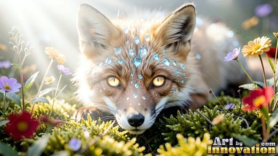 Lying in sunlight, a small red fox with blue crystals on its forehead rests in green moss