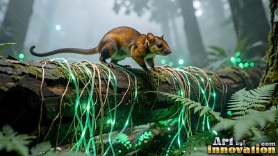 A small brown mouse walks on a log wrapped in green fairy lights