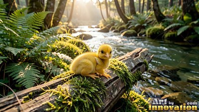 With fluffy yellow down, a tiny duckling rests on a mossy log by a sunny forest creek
