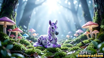 A small purple-sp otted unicorn rests on moss under pale sunlight filtered through trees