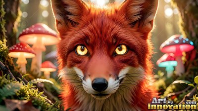Facing forward in the woods, a red fox looks ahead near bright mushrooms