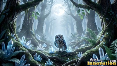 A little owl sits by pale blue crystals on mossy tree roots under the moon