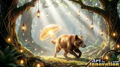In a sunlit forest, a small wolf walks beside a floating yellow jellyfish