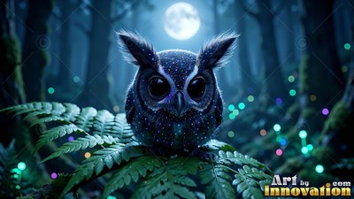 Perched on a green fern, a tiny dark owl rests under a bright full moon in the woods