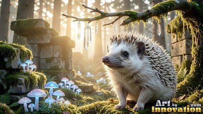 A white hedgehog sitting on moss near blue mushrooms in bright sunlight