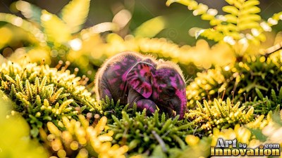 Bright pink markings cover a tiny baby elephant resting in sunny green moss