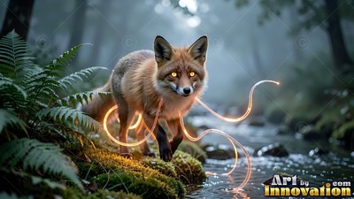 A fox steps along a mossy creek, trailing wavy ribbons of warm yellow light