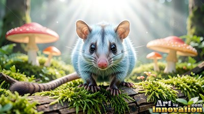 Crouching on a mossy log, a small blue creature stares ahead near red mushrooms