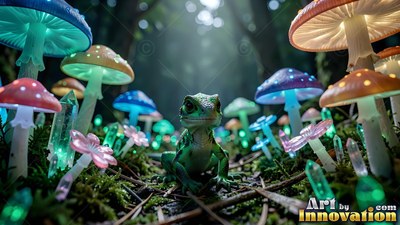 A tiny green lizard sits on moss under bright mushrooms lit from within