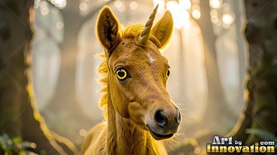 In a sunlit forest, a small brown unicorn looks forward with wide yellow eyes