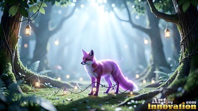 Pausing in a sunlit woods, a pink fox steps over a strand of warm lanterns