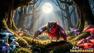 A small owl spreads its wings under a bright moon in the forest