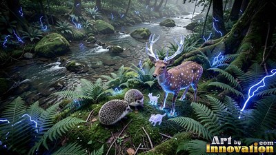 White-spotted deer standing near two hedgehogs by a stream lined with ferns and blue lightning sparks