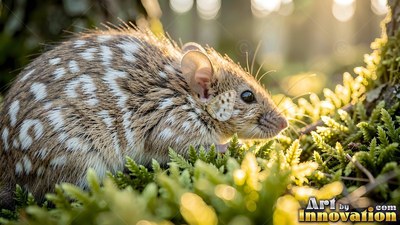 A spotted mouse crouches in green moss under soft morning sunlight