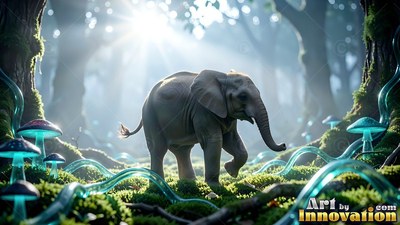 Striding forward through a sunlit forest, a small elephant passes blue mushrooms