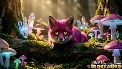 A small pink fox rests on a mossy log surrounded by mushrooms and crystals