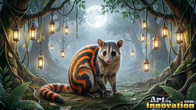 In a dark forest lit by hanging lanterns, an orange-striped critter sits under the moon