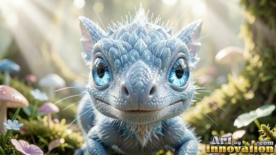 Sitting in bright sunlight, a tiny blue dragon smiles among little mushrooms