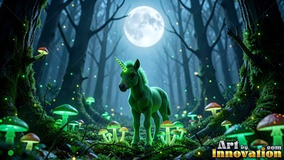 Tiny green unicorn standing in a dark forest under a full moon
