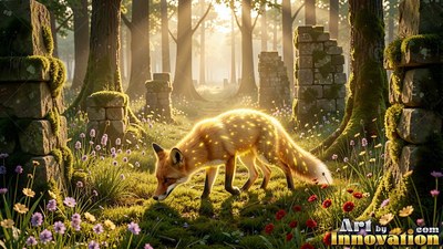 Shining yellow spots cover a small red fox walking through sunny stone ruins in a forest