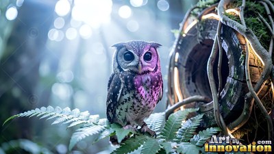 A tiny owl perches on a green fern, lit by soft purple light on its chest