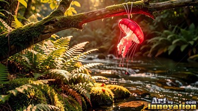 Hanging downward over a sunlit stream, a bright red jellyfish is tied to a mossy branch