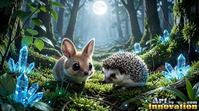 A tiny rabbit and a hedgehog stand on green moss by blue crystals under moonlight