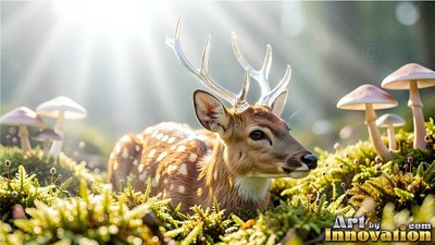 In a sunny forest bed of green moss, a small spotted deer rests near mushrooms