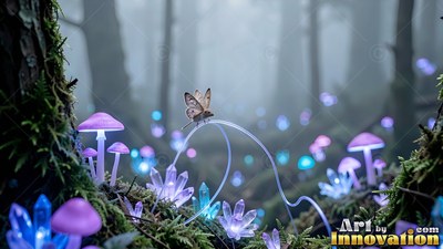 Perched on a curved vine, a tiny moth sits above purple mushrooms and crystals in the misty woods