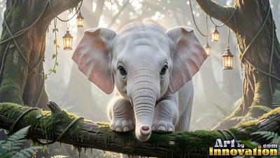 Baby white elephant balancing on a mossy log near lanterns