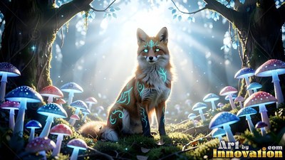 Bright teal markings cover the fur of a red fox sitting in a sunlit forest of mushrooms