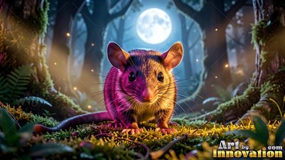 A small mouse sits on mossy ground in the forest under bright white moonlight