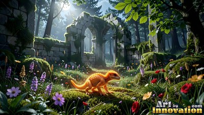 Crawling on all fours in a forest courtyard, a tiny orange lizard rests on moss