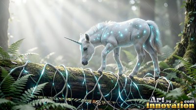 A small white unicorn walks along a fallen mossy log in sunlit woods