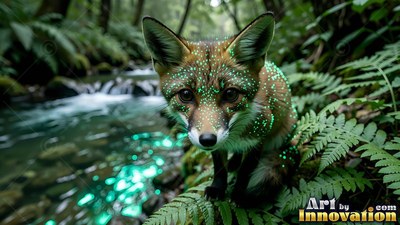 By a forest stream, a small brown fox stands covered in tiny green lights