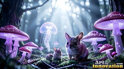 Sitting on moss, tiny mice look up at a floating jellyfish near purple mushrooms