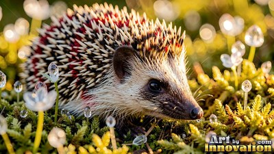 Spiky hedgehog with red quills in green moss beside glass flowers