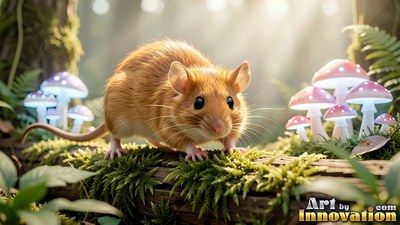 Fuzzy ginger fur covers a tiny mouse creeping along a mossy log beside bright mushrooms