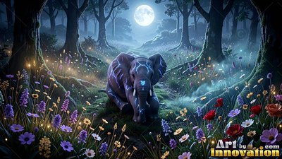 A small elephant sits on a path among flowers under the bright moon