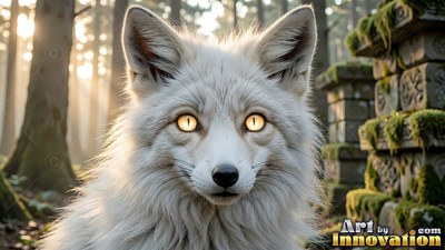 Facing forward, a white fox with yellow eyes sits in a sunny forest