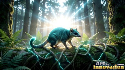 A blue raccoon walks on a mossy log under bright sunlight in the woods