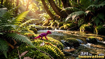 In a sunlit forest stream, a tiny purple dinosaur stands on a mossy rock