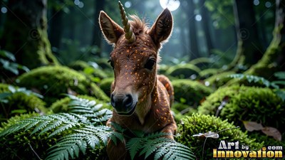 Lying in green ferns, a brown baby unicorn with a spiral horn looks forward in the woods