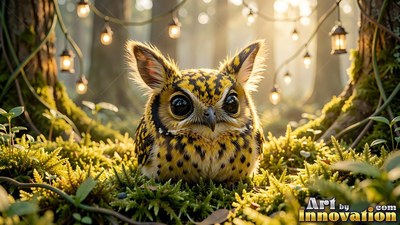 A fuzzy yellow owl creature sits in moss under hanging lanterns