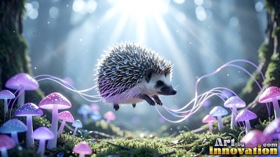 Pointy quills cover a small hedgehog floating over purple mushrooms in sunlight