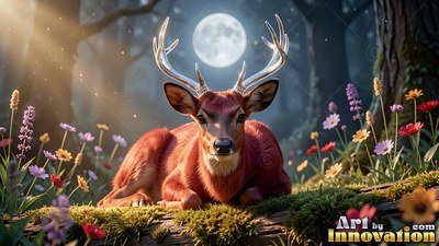 A red deer lies on a mossy log beneath the bright moon in a quiet forest