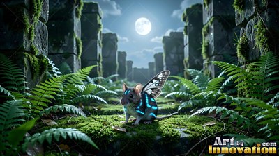 Sitting on mossy stone ruins under the moon, a winged mouse with blue stripes